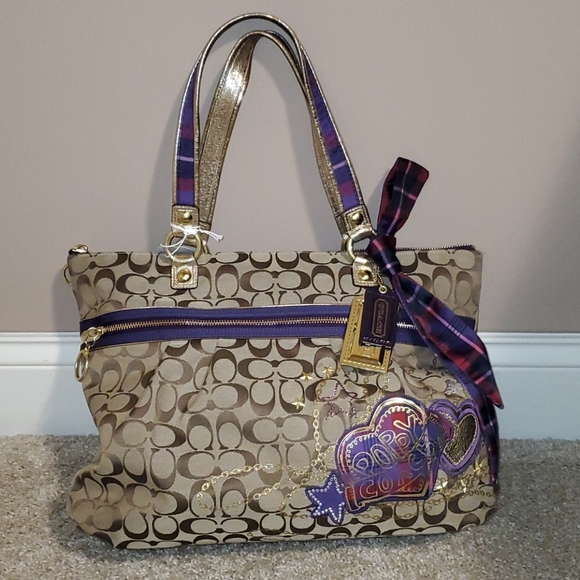 Coach Beige/Plum Canvas Poppy Tartan Glam Tote - Picture 4 of 11